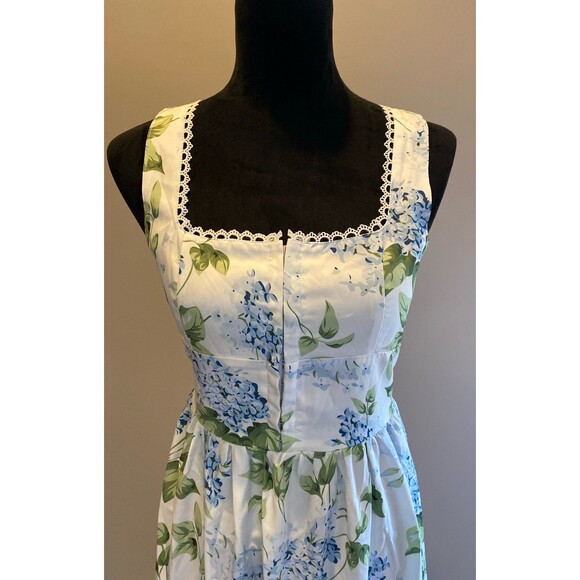 Floral Midi Dress Sz Large Blue White Cottagecore Sundress Lace Trim Smocked - Picture 2 of 11